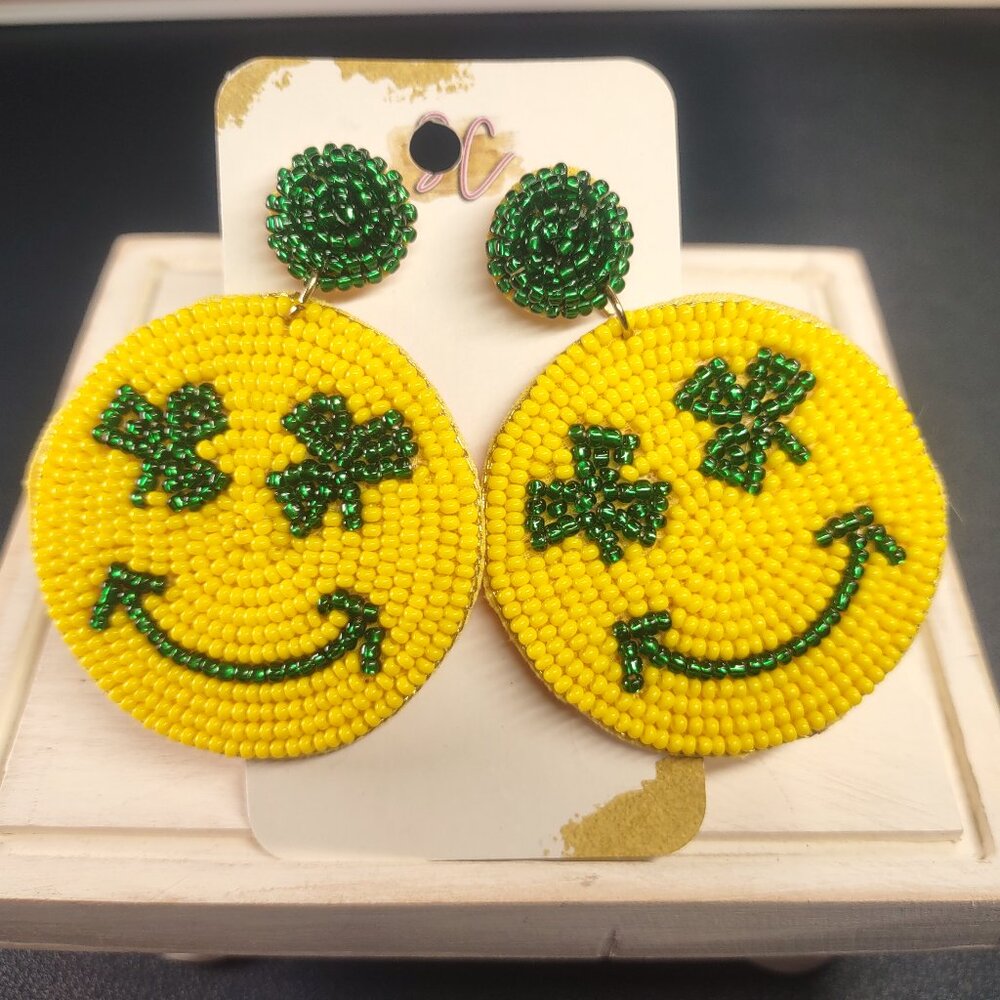 Southern Cuties Boutique St. Patrick's Day Smiley Face Shamrock Beaded Earrings